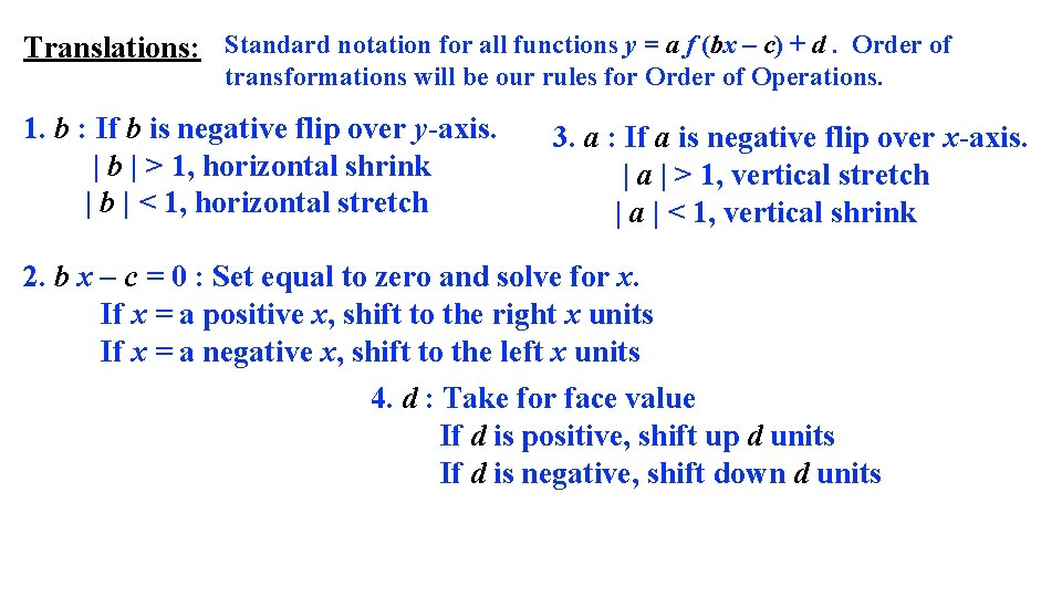 Translations: Standard notation for all functions y = a f (bx – c) +