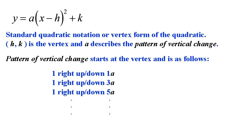 Standard quadratic notation or vertex form of the quadratic. ( h, k ) is