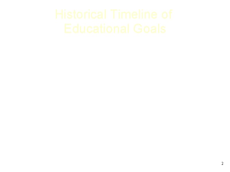 Historical Timeline of Educational Goals • 1820 s-1840 s: Teaching common moral and political