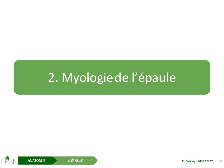 2. Myologie de l’épaule ANATOMIE L’ÉPAULE E. Boullay - 2016 / 2017 10 