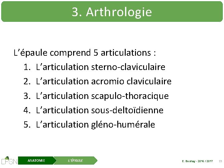 3. Arthrologie L’épaule comprend 5 articulations : 1. L’articulation sterno-claviculaire 2. L’articulation acromio claviculaire