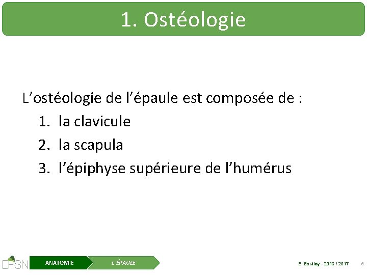 1. Ostéologie L’ostéologie de l’épaule est composée de : 1. la clavicule 2. la