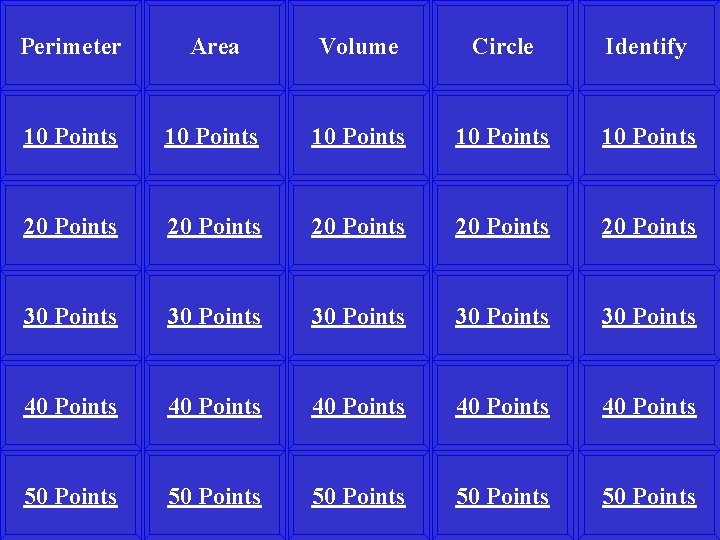 Perimeter Area Volume Circle Identify 10 Points 10 Points 20 Points 20 Points 30