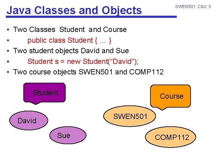 SWEN 501 C&o: 3 Java Classes and Objects • Two Classes Student and Course