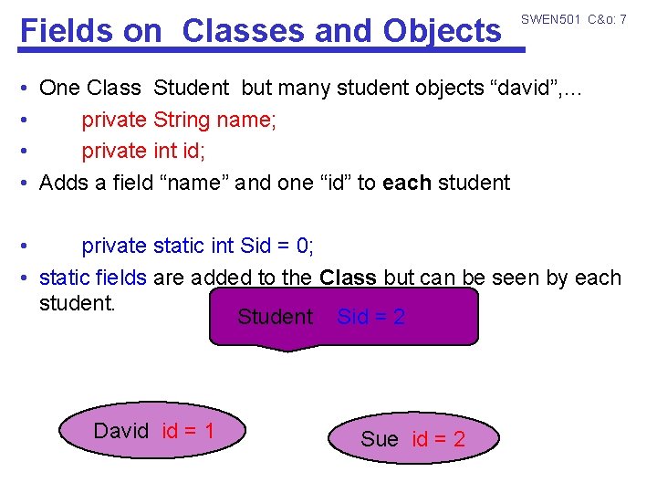 Fields on Classes and Objects SWEN 501 C&o: 7 • One Class Student but