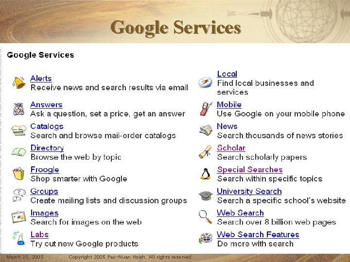 Google Services March 25, 2005 Copyright 2005 Pao-Nuan Hsieh. All rights reserved. 