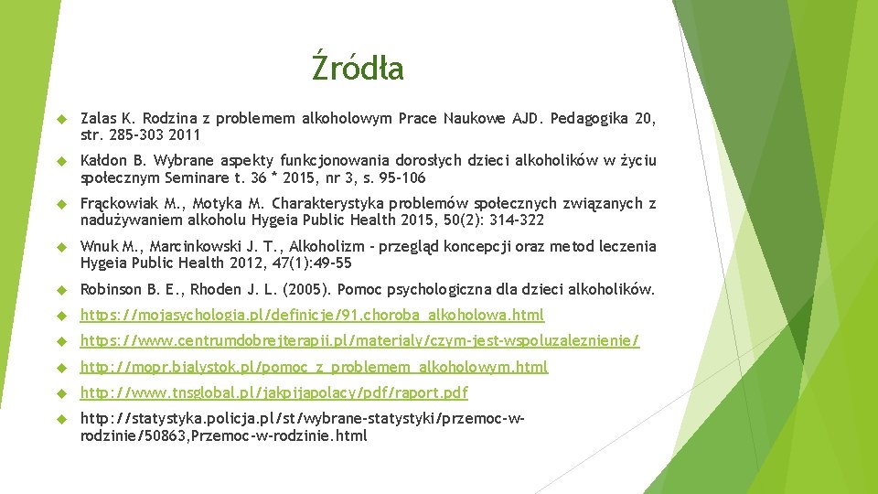 Źródła Zalas K. Rodzina z problemem alkoholowym Prace Naukowe AJD. Pedagogika 20, str. 285