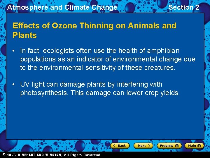Atmosphere and Climate Change Section 2 Effects of Ozone Thinning on Animals and Plants