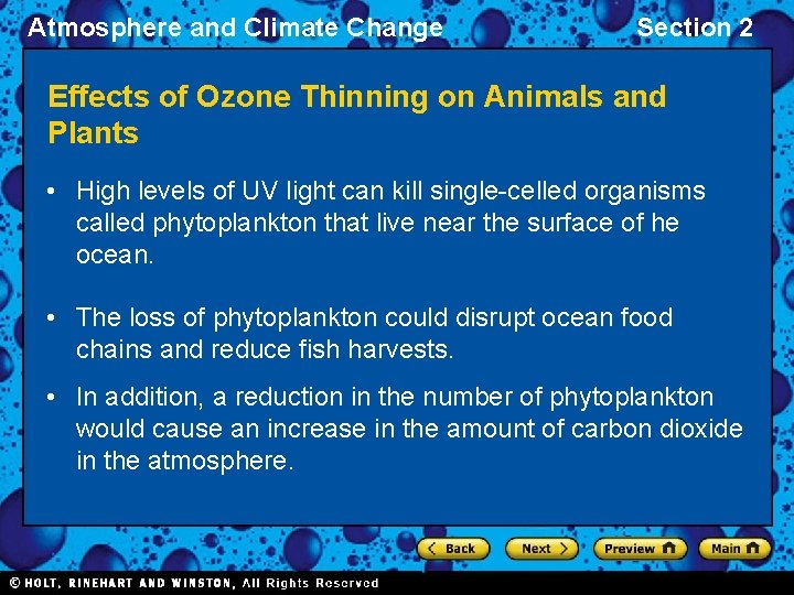 Atmosphere and Climate Change Section 2 Effects of Ozone Thinning on Animals and Plants
