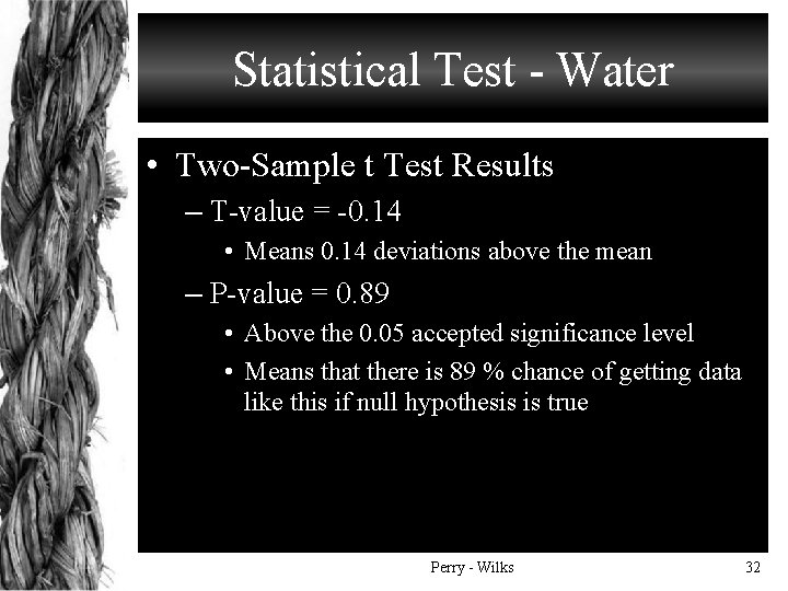 Statistical Test - Water • Two-Sample t Test Results – T-value = -0. 14