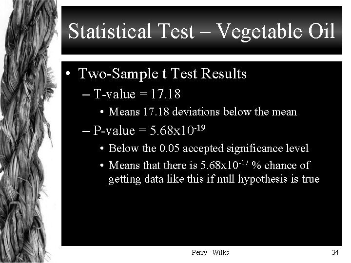 Statistical Test – Vegetable Oil • Two-Sample t Test Results – T-value = 17.