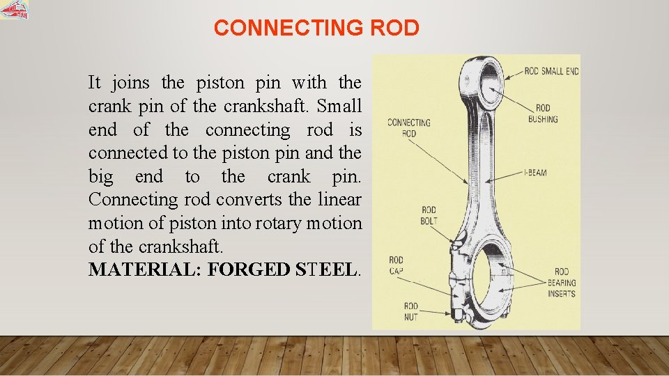 CONNECTING ROD It joins the piston pin with the crank pin of the crankshaft.