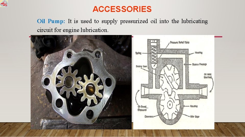 ACCESSORIES Oil Pump: It is used to supply pressurized oil into the lubricating circuit