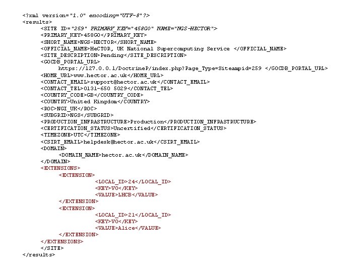 <? xml version="1. 0" encoding="UTF-8"? > <results> <SITE ID="259" PRIMARY_KEY="458 G 0" NAME="NGS-HECTOR"> <PRIMARY_KEY>458