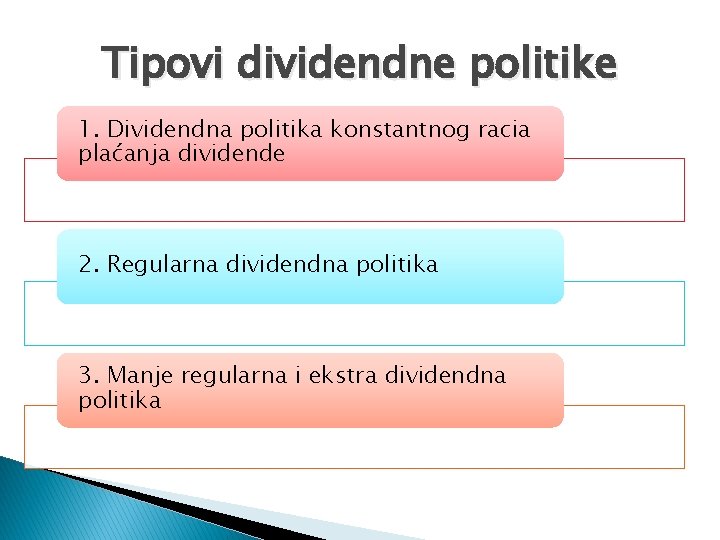 Tipovi dividendne politike 1. Dividendna politika konstantnog racia plaćanja dividende 2. Regularna dividendna politika