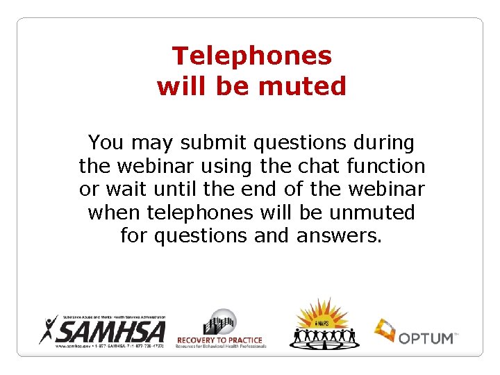 Telephones will be muted You may submit questions during the webinar using the chat