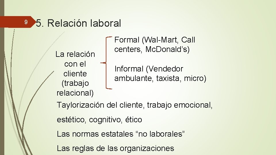 9 5. Relación laboral La relación con el cliente (trabajo relacional) Formal (Wal-Mart, Call