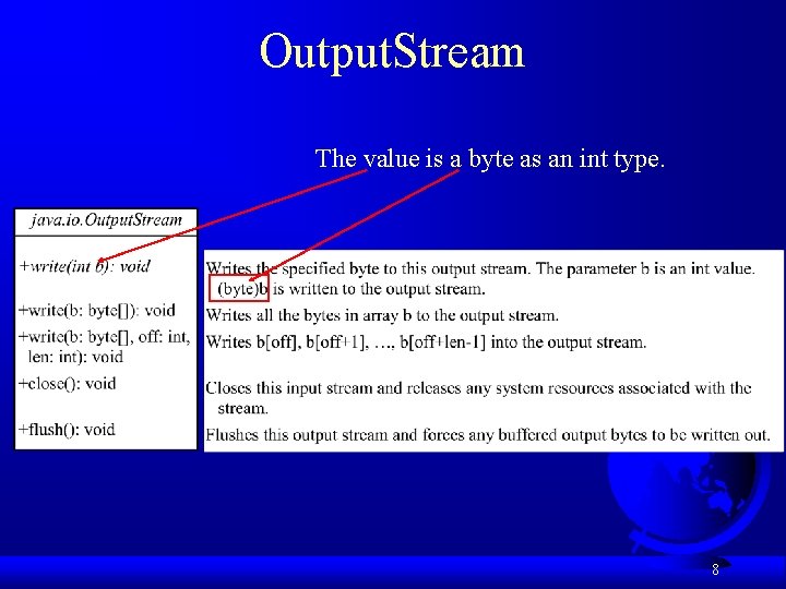 Output. Stream The value is a byte as an int type. 8 Output. Stream The value is a byte as an int type. 8