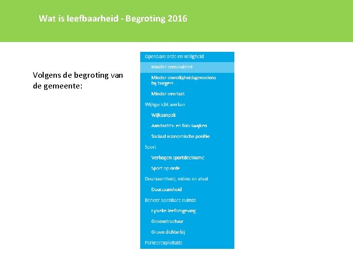 Wat is leefbaarheid - Begroting 2016 Volgens de begroting van de gemeente: 