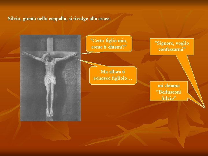 Silvio, giunto nella cappella, si rivolge alla croce: "Certo figlio mio, come ti chiami?