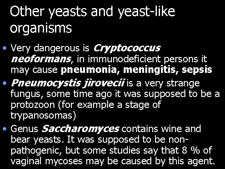 Other yeasts and yeast-like organisms • Very dangerous is Cryptococcus neoformans, in immunodeficient persons