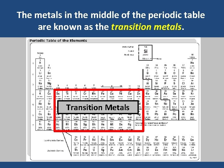 The metals in the middle of the periodic table are known as the transition