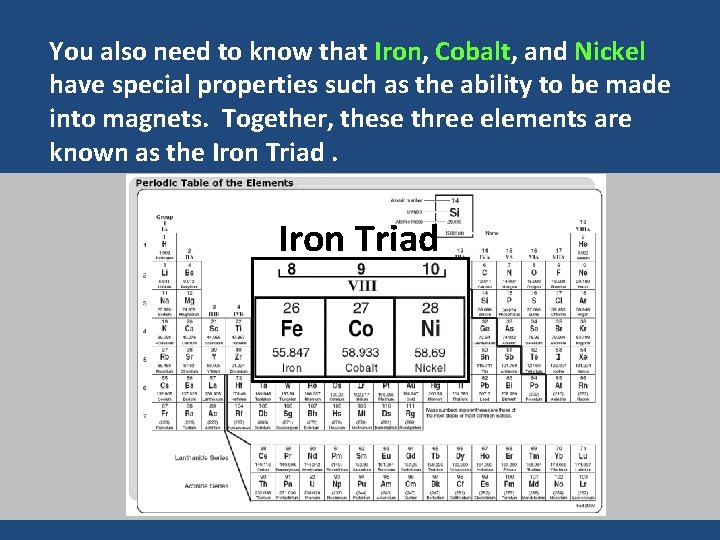You also need to know that Iron, Cobalt, and Nickel have special properties such