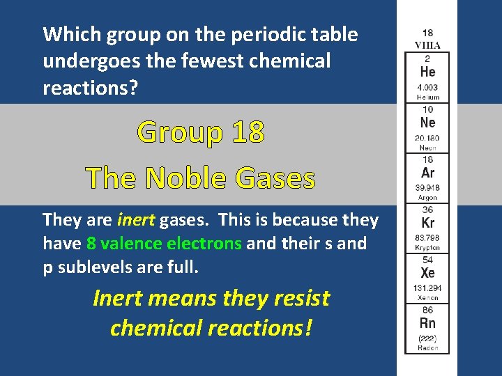 Which group on the periodic table undergoes the fewest chemical reactions? Group 18 The