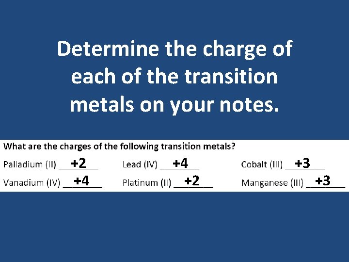 Determine the charge of each of the transition metals on your notes. +2 +4