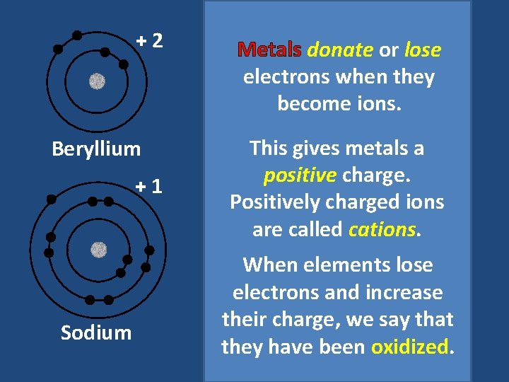 +2 Beryllium +1 Sodium Metals donate or lose electrons when they become ions. This