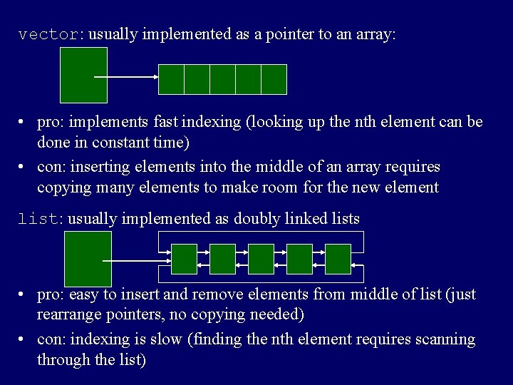 vector: usually implemented as a pointer to an array: • pro: implements fast indexing