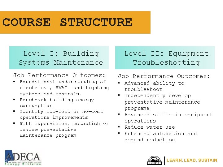 COURSE STRUCTURE Level I: Building Systems Maintenance Job Performance Outcomes: § Foundational understanding of