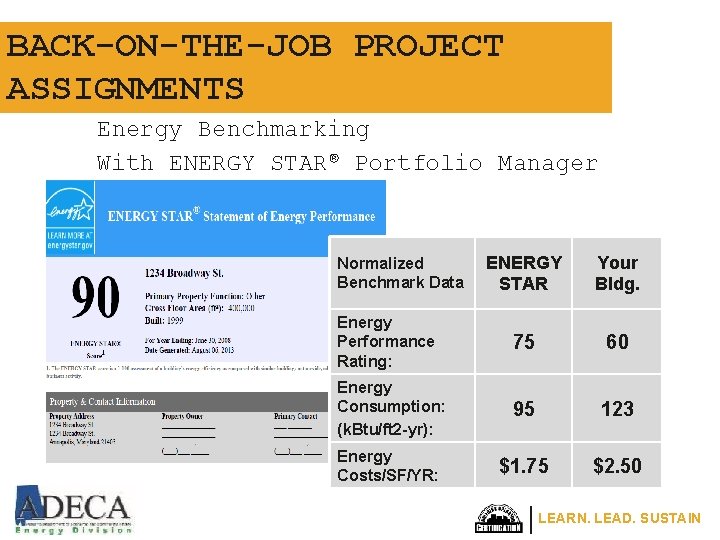 BACK-ON-THE-JOB PROJECT ASSIGNMENTS Energy Benchmarking With ENERGY STAR® Portfolio Manager ENERGY STAR Your Bldg.
