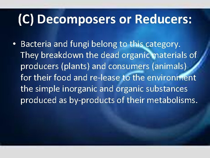 (C) Decomposers or Reducers: • Bacteria and fungi belong to this category. They breakdown