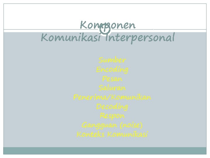 Komponen Komunikasi Interpersonal Sumber Encoding Pesan Saluran Penerima/Komunikan Decoding Respon Gangguan (noise) Konteks Komunikasi