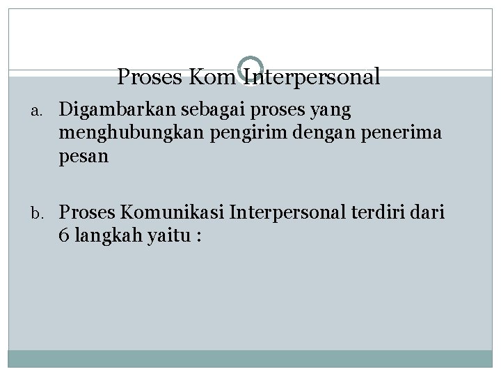 Proses Kom Interpersonal a. Digambarkan sebagai proses yang menghubungkan pengirim dengan penerima pesan b.