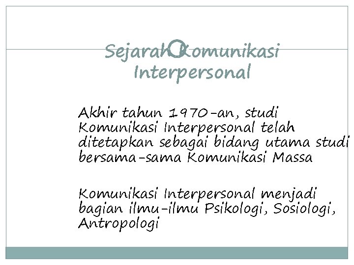 Sejarah Komunikasi Interpersonal Akhir tahun 1970 -an, studi Komunikasi Interpersonal telah ditetapkan sebagai bidang