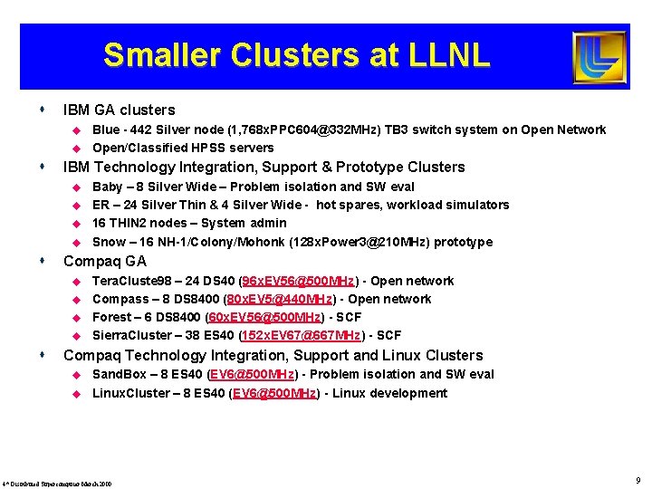 Smaller Clusters at LLNL s IBM GA clusters u u s IBM Technology Integration,