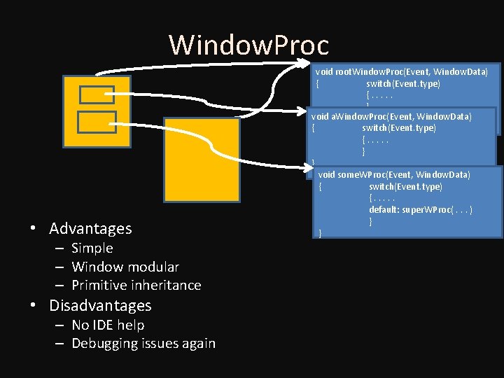 Window. Proc • Advantages – Simple – Window modular – Primitive inheritance • Disadvantages