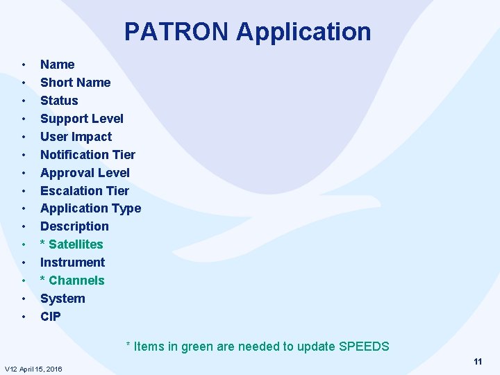 PATRON Application • • • • Name Short Name Status Support Level User Impact