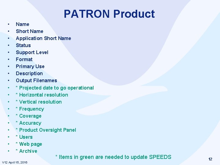 PATRON Product • • • • • Name Short Name Application Short Name Status