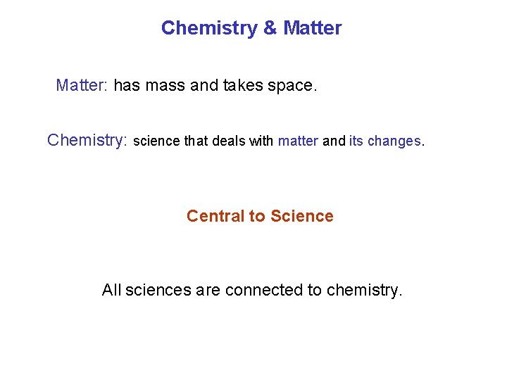 Chemistry & Matter: has mass and takes space. Chemistry: science that deals with matter