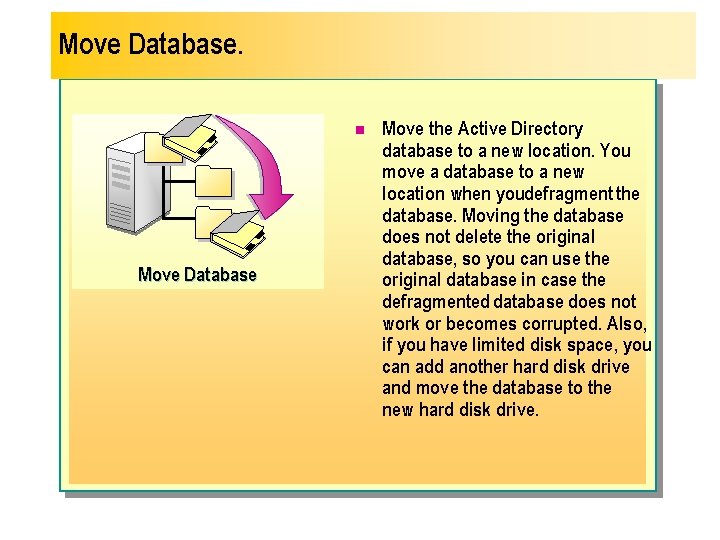 Move Database. n Move Database Move the Active Directory database to a new location.
