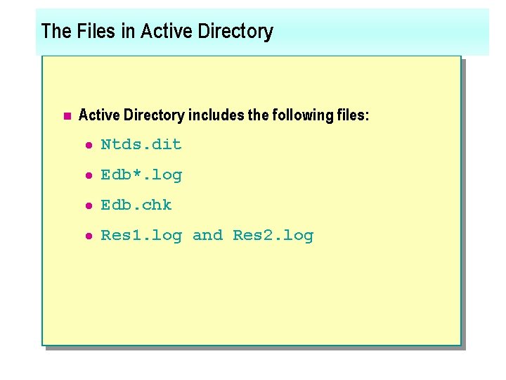 The Files in Active Directory includes the following files: l Ntds. dit l Edb*.