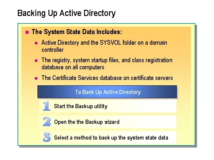 Backing Up Active Directory n The System State Data Includes: l Active Directory and