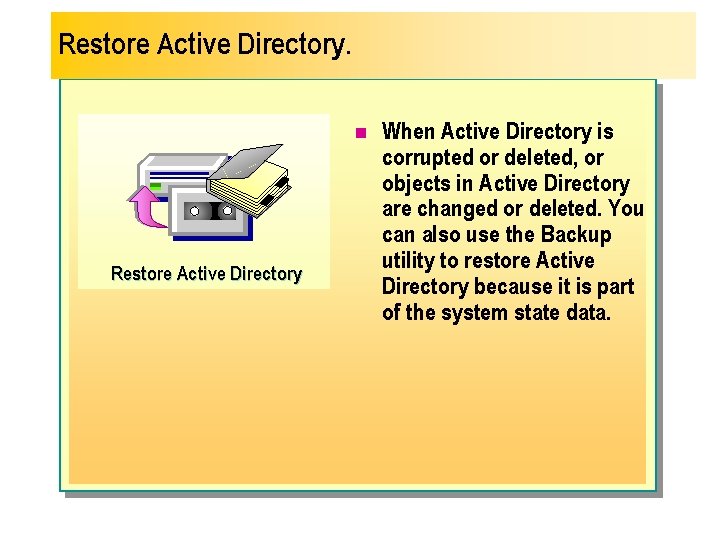 Restore Active Directory. n Restore Active Directory When Active Directory is corrupted or deleted,