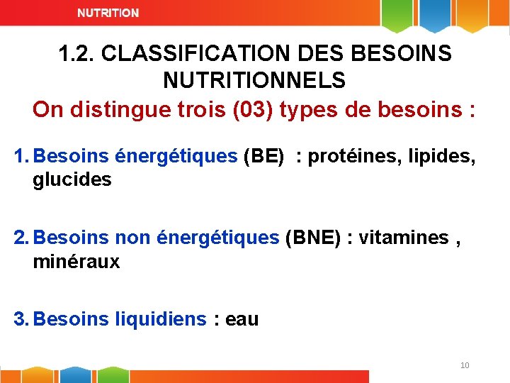 1. 2. CLASSIFICATION DES BESOINS NUTRITIONNELS On distingue trois (03) types de besoins :