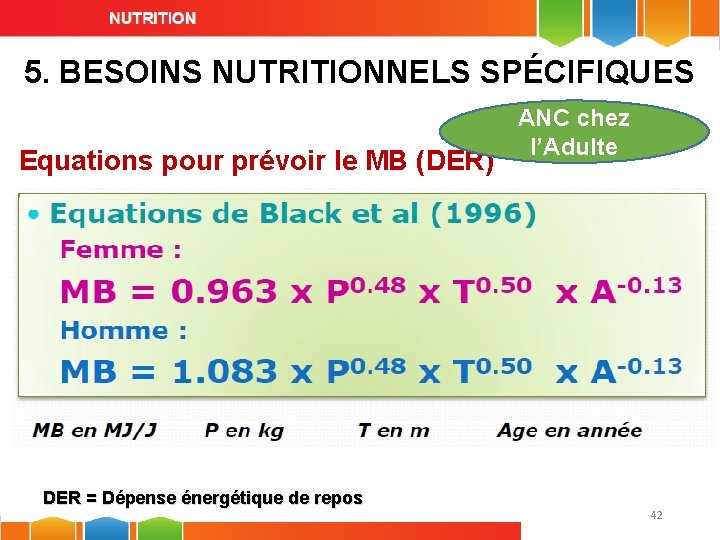 5. BESOINS NUTRITIONNELS SPÉCIFIQUES Equations pour prévoir le MB (DER) DER = Dépense énergétique