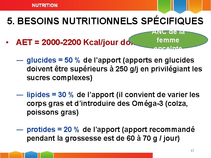 5. BESOINS NUTRITIONNELS SPÉCIFIQUES • AET = 2000 -2200 Kcal/jour dont : ANC de