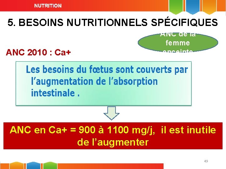 5. BESOINS NUTRITIONNELS SPÉCIFIQUES ANC 2010 : Ca+ ANC de la femme enceinte ANC